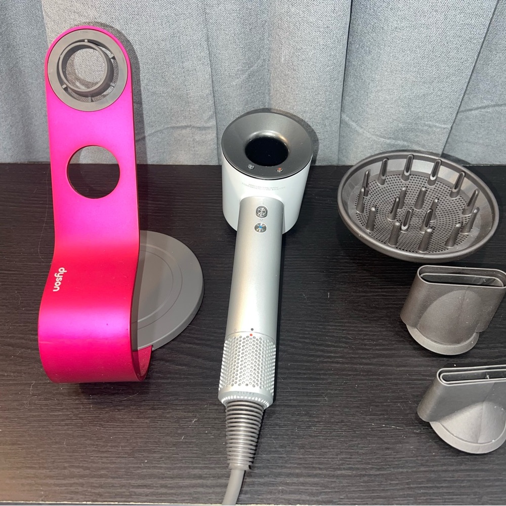Dyson Hair Dryer in White with Pink Stand